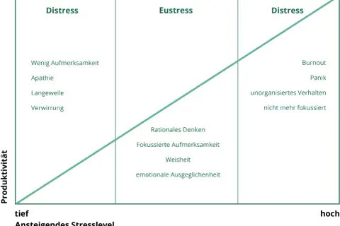 Diagramm zeigt, wie sich Produktivität bei steigendem Stresslevel verändert: Eustress fördert Fokus, während Distress zu Apathie oder Panik führt.