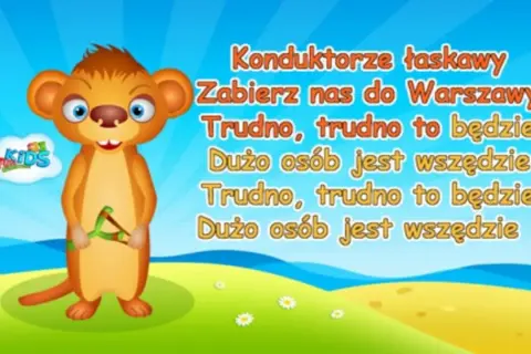 Bajkowy zajączek z procą w łapkach, na tle nieba i zielonej łączki, śpiewa piosenkę "Konduktorze łaskawy, zabierz nas do Warszawy". Jedzie pociąg z daleka.