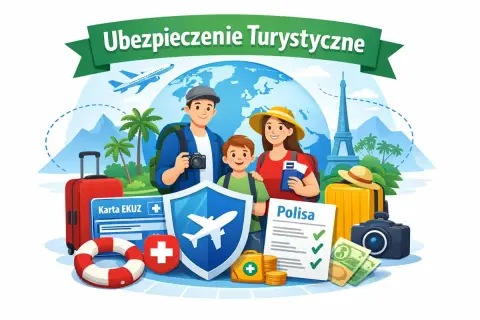 Rodzina w podróży z walizkami i aparatem, symbolizująca santander ubezpieczenie turystyczne. Widoczny globus, samolot i wieża Eiffla.