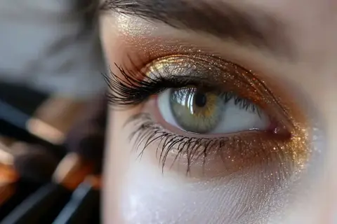 Un œil vert aux reflets dorés, sublimé par un maquillage scintillant. Des paillettes et des ombres chaudes illuminent le regard, accentuant la profondeur des yeux marrons.