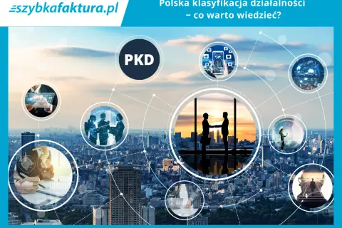 Ilustracja przedstawia miasto z nałożonymi okręgami symbolizującymi różne aspekty biznesu i technologii, w tym napis PKD.