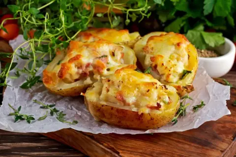 Zapiekane ziemniaki z serem i boczkiem. Pyszne i sycące, choć warto sprawdzić, ile kalorii mają ziemniaki w takiej postaci.