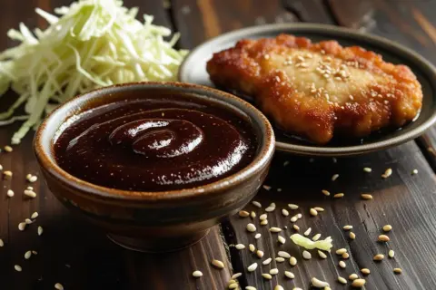 Gęsty, ciemny sos tonkatsu w miseczce, obok smażonego kotleta i poszatkowanej kapusty. Idealny dodatek do japońskich dań.