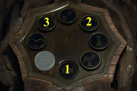 Zagadka z Resident Evil 4: sześć okrągłych przycisków z symbolami, trzy ponumerowane.