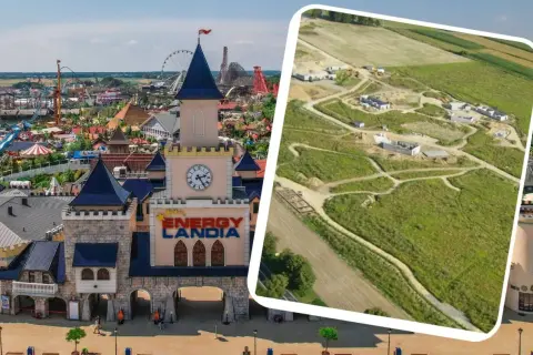 Energylandia: od budowy do zabawy. Widać plac budowy i gotowy park rozrywki, który powstał w 2014 roku.