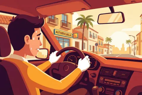 Hombre sudando al volante, con el cartel de "AUTOESCUELA" al fondo. Claros nervios examen conducir.