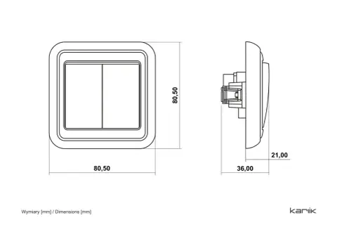 Schemat łącznika świecznikowego dwuklawiszowego. Wymiary: 80,50 mm x 80,50 mm, głębokość 36 mm, wysokość 21 mm.