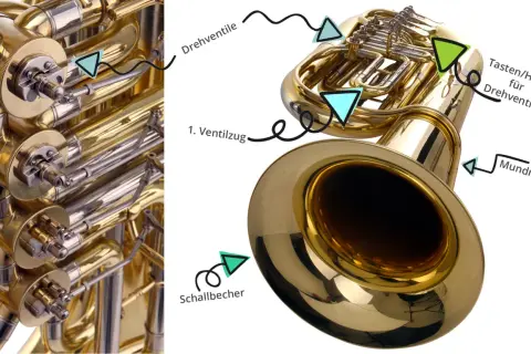 Detailansicht des Aufbaus einer Tuba mit Ventilen, Mundrohr und Schallbecher.