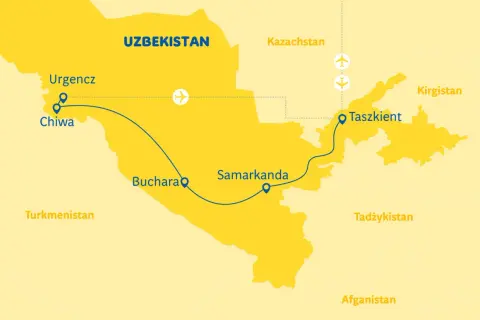 Mapa pokazuje trasę wycieczki po Uzbekistanie: z Chiwy przez Bucharę i Samarkandę do Taszkentu.