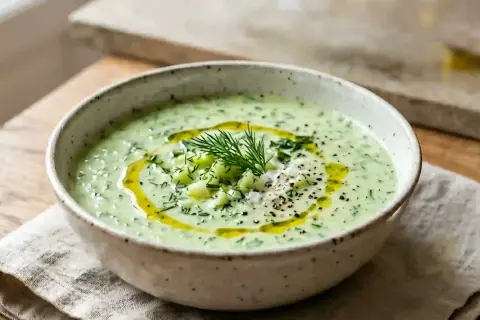 Un bol de soupe de concombre crémeuse, garnie d'aneth frais, de dés de concombre, d'huile d'olive et de poivre noir. Parfait pour une journée chaude.
