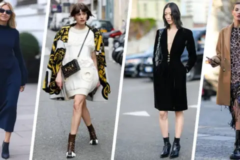 Sei donne sfoggiano diversi outfit con stivaletti bassi, da abiti eleganti a look più audaci.