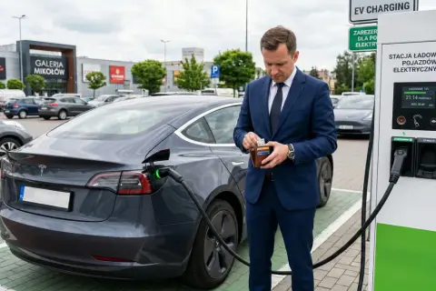 Mężczyzna w garniturze sprawdza portfel przy ładowarce do Tesli. Zastanawia się, ile kosztuje ładowanie samochodu elektrycznego w domu.