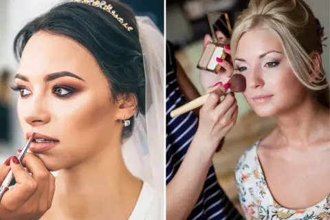 Trucco sposa naturale: un primo piano di due spose che si preparano, una con un velo e una tiara, l'altra mentre riceve un tocco di fard.