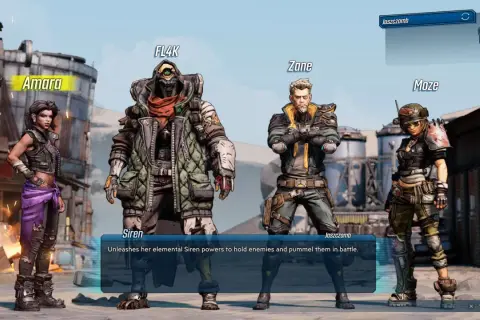 Amara, FL4K, Zane i Moze – cztery **borderlands 3 postacie** gotowe do walki.