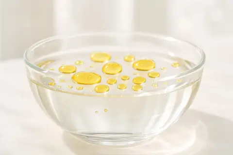 Gocce dorate di olio feci che galleggiano sulla superficie di un liquido trasparente in una ciotola di vetro.