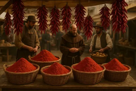 Marché médiéval avec des paniers de poudre de paprika rouge vif. Des piments séchés pendent au-dessus, et des marchands en tenue d'époque servent les clients.