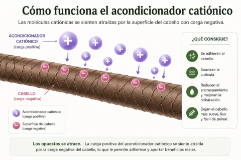Moléculas catiónicas (acondicionador) con carga positiva se adhieren al cabello (carga negativa), dejándolo suave. Acondicionador y suavizante es lo mismo.