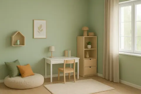 Pokój z biurkiem, regałem i pufą. Ściany w odcieniu **kolor zielony**, jasne meble i zasłony.