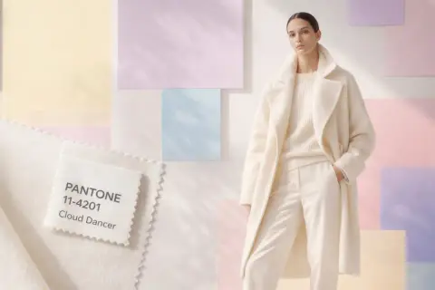 Ein Model trägt ein cremefarbenes Outfit vor pastellfarbenen Hintergründen. Ein Stoffmuster zeigt die Pantone Farbe des Jahres: Cloud Dancer.