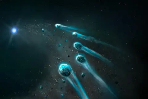 Un gruppo di comete 375, illuminate da una stella blu, sfrecciano nello spazio lasciando scie luminose.