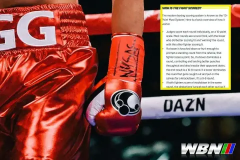 Boxer in red shorts and glove, with text explaining the 10-point must system for scoring boxing rounds.