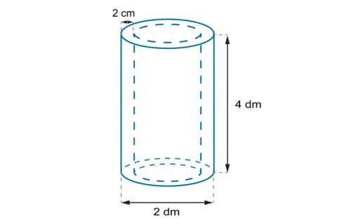 Schemat walca z wymiarami: promień 2 cm, wysokość 4 dm, średnica 2 dm. Oblicz objętość walca.