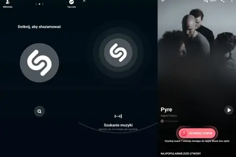 Aplikacja Shazam szuka odpowiedzi na pytanie: jaka to piosenka? Widoczny jest utwór "Pyre" Agent Fresco.