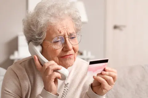 Une femme âgée, sous curatelle renforcée, semble inquiète en tenant une carte bancaire tout en parlant au téléphone.