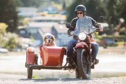 Hombre en moto con su perro en un sidecar para perros moto, ambos con gafas de sol.