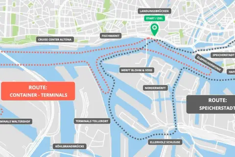 Karte des Hamburger Hafens mit Routen für Container-Terminals und Speicherstadt. Perfekt für deinen Hamburg Blog!
