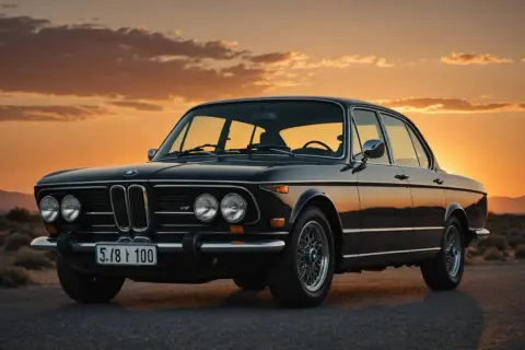 En klassisk svart BMW 2002 står parkerad mot en dramatisk solnedgång. En tidlös skönhet bland BMW-modeller genom tiderna.