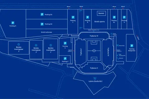 Schemat Enea Stadion Poznań: boiska treningowe, parkingi (A, A1, B, C, D1, D2, E, F, G, Bułgarska), trybuny, restauracja, klub muzyczny.