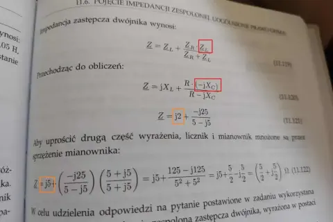 Obliczenia impedancji zespolonej dwójnika, pokazujące przekształcenia wzorów i upraszczanie wyrażeń.