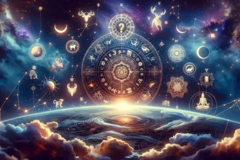 Wszechświat pełen symboli: 4 żywioły, znaki zodiaku, konstelacje i kosmiczna energia.