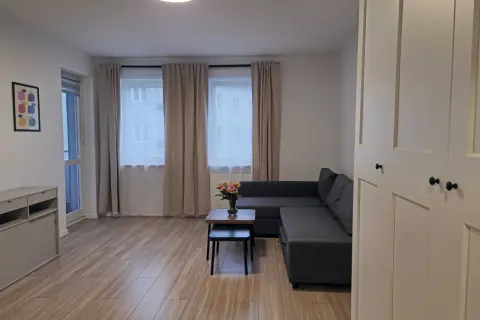 Nowoczesny salon z szarą kanapą, stolikiem kawowym z kwiatami i dużymi oknami.