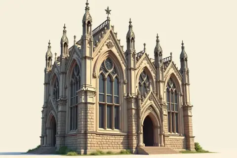 Kamienna budowla z licznymi wieżyczkami i ostrymi łukami, idealny przykład architektury romantyzmu.