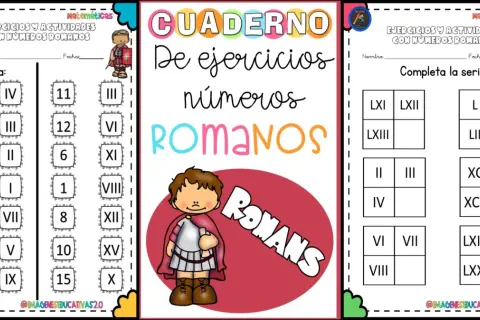 Hoja de ejercicios para practicar fichas de números romanos, con actividades de relacionar y completar series.