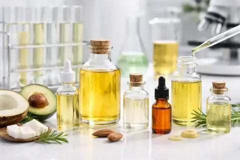 Butelki z olejkami, w tym potencjalnie hydrogenated vegetable oil, obok awokado, kokosa i migdałów. W tle probówki i mikroskop.