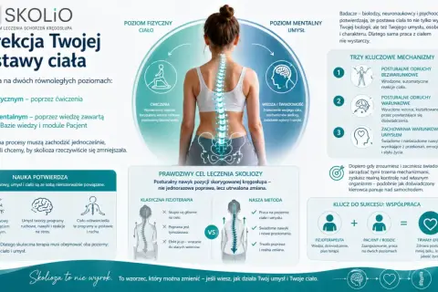 Grafika przedstawia kobietę z zaznaczonym kręgosłupem, ilustrująca korekcję postawy ciała na poziomie fizycznym i mentalnym.