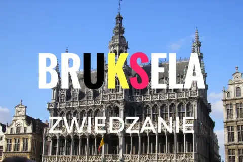 Bruksela - zwiedzanie, widok na zabytkowe budynki na tle błękitnego nieba.