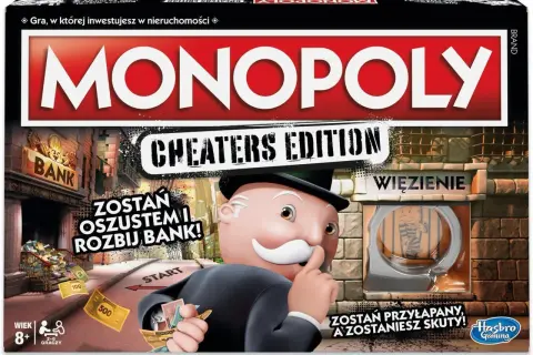 Pudełko gry Monopoly Cheaters Edition z postacią pana Monopoly, bankiem i więzieniem.