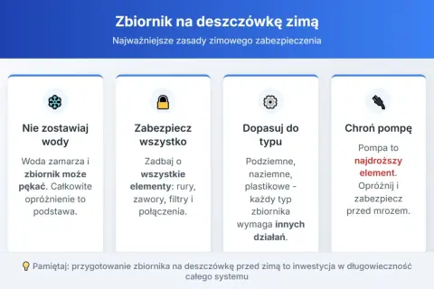 Ilustracja przedstawia cztery kolumny z ikonami i tekstem na temat zabezpieczania zbiornika na deszczówkę na zimę.