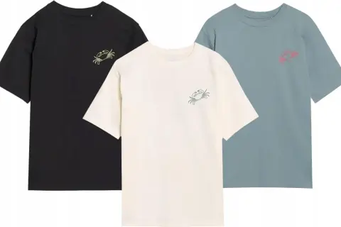 Trzy młodzieżowe T-shirty w kolorach czarnym, kremowym i niebieskim, każdy z nadrukiem kraba.