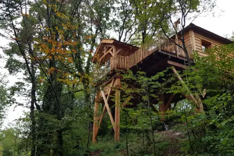 Une magnifique cabane perchée dans les arbres, au cœur d'une forêt jurassienne aux couleurs d'automne.