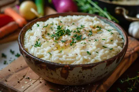 Un crémeux risotto, garni de thym frais et d'un filet d'huile d'olive. Une recette parfaite pour un repas réconfortant.
