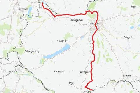 Trasa rowerowa EuroVelo 6 wzdłuż Dunaju, od Bratysławy przez Budapeszt po Szekszárd, z zaznaczonymi miastami i jeziorami.
