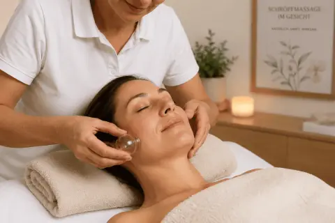 Eine Frau erhält eine entspannende Gesichtsmassage mit Schröpfgläsern. Die Therapeutin wendet die Gläser sanft auf der Haut an.