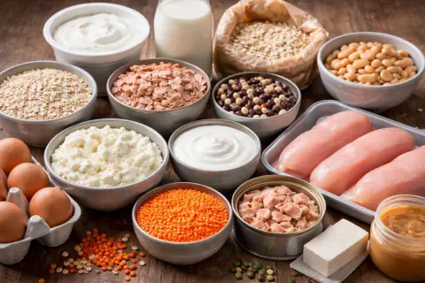 En mängd proteinrik mat: kycklingfiléer, ägg, linser, bönor, havregryn, kvarg, yoghurt, mjölk och tonfisk.