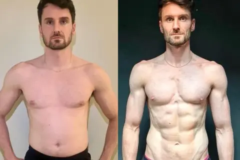 Mann vor und nach dem Training. Die Frage "gewichtszunahme durch sport wie viel ist normal" wird durch die sichtbare Muskeldefinition beantwortet.