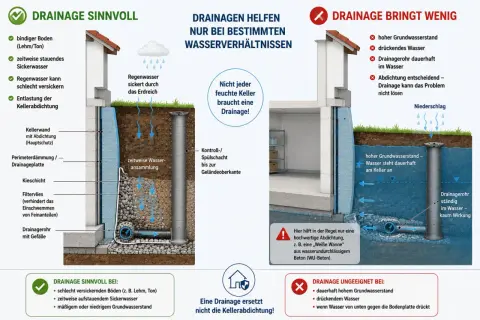 Schema zeigt eine sinnvolle Drainage bei bindigem Boden und Sickerwasser, die Keller vor Feuchtigkeit schützt.